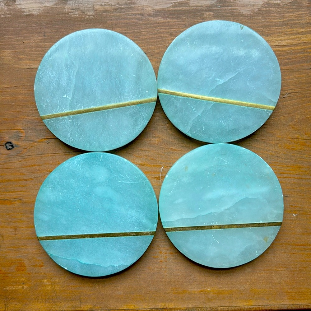 Anthropologie Coaster Set - light blue stone with antique brass line detail